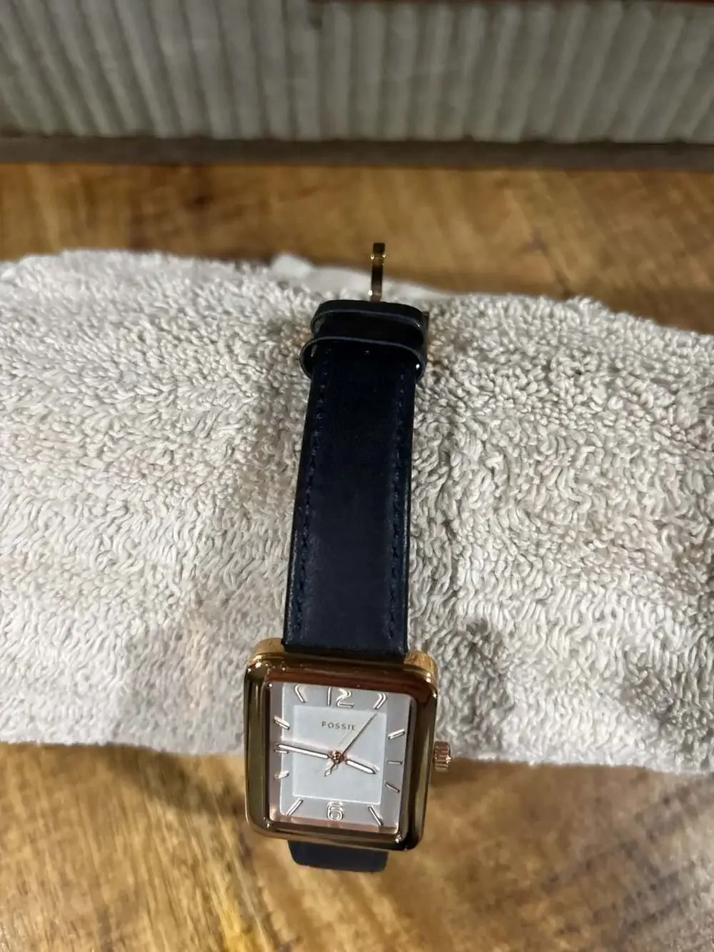 Fossil Raquel Rectangular Rose Gold-Tone Watch with Navy Leather Strap ES4158